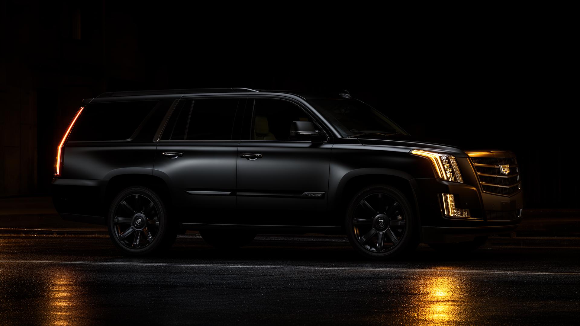 Matte black Cadillac Escalade at night